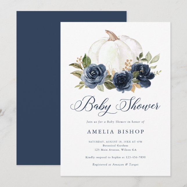 Invitation Citrouille bleu Floral  Baby shower feuille or (Devant / Derrière)