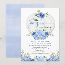 Invitation Citrouille bleu vert fleurs automne garçon baby sh