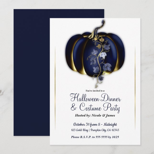 Invitation Citrouille Blue Gold de la Marine Halloween Dinner (Devant / Derrière)