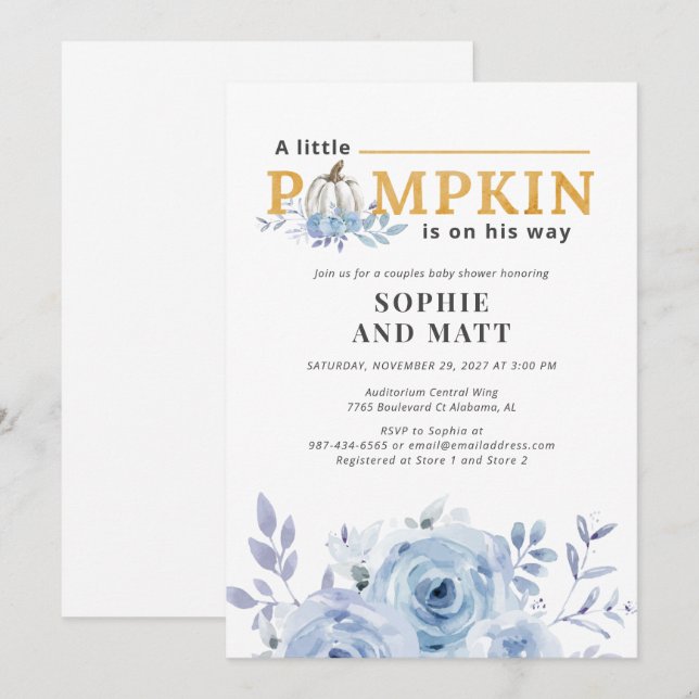 Invitation Citrouille Blue Lilac Botanique Baby shower Boys (Devant / Derrière)