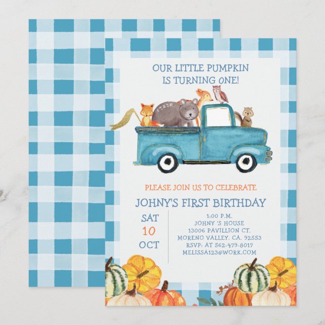 Invitation Citrouille Blue Truck Animaux 1er anniversaire (Devant / Derrière)