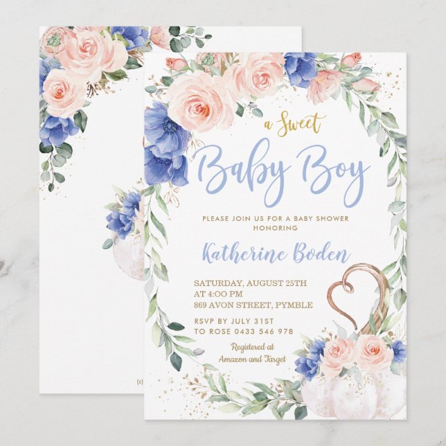 Invitation Citrouille Blush Blue Floral Wreath Baby shower ga (Devant / Derrière)