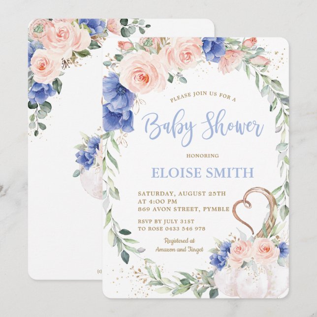 Invitation Citrouille Blush Blue Floral Wreath Baby shower ga (Devant / Derrière)