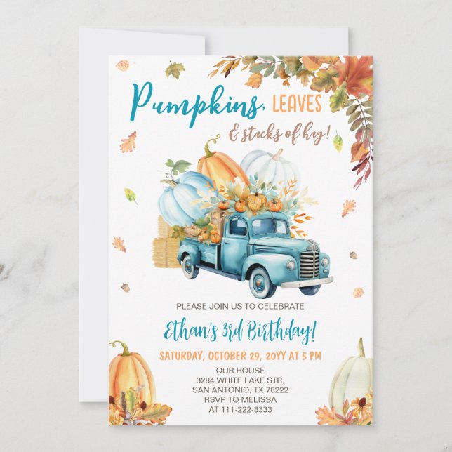 Invitation Citrouille Camion Automne Garçon fête d'anniversai (Devant)