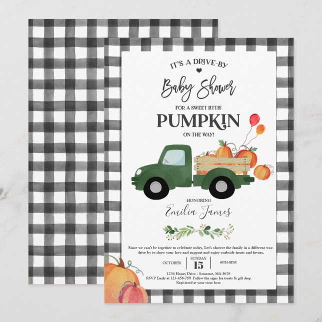 Invitation Citrouille Camion Baby shower d'automne neutre pou (Devant / Derrière)