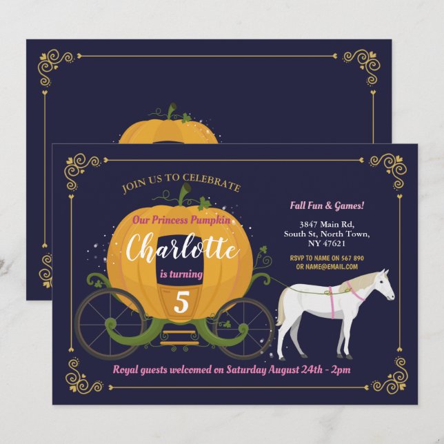 Invitation Citrouille Carriage Cheval Automne Filles Annivers (Devant / Derrière)