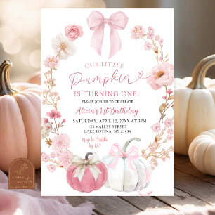 Invitation Citrouille Coquette avec Ruban Blanc et Rose pour