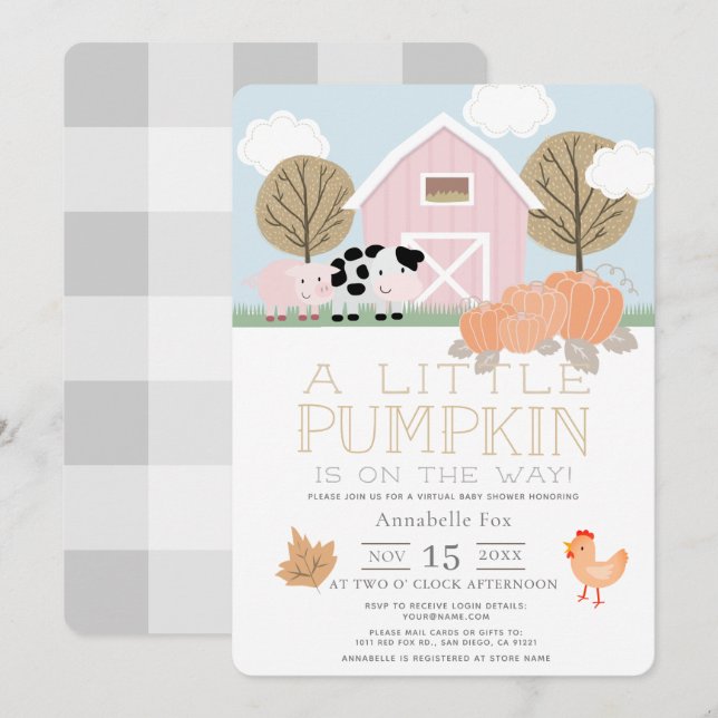Invitation Citrouille d'animaux de ferme Baby shower virtuel  (Devant / Derrière)