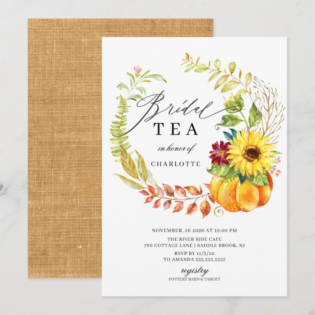 Invitation Citrouille d'aquarelle Automne Fête des mariées de (Devant / Derrière)