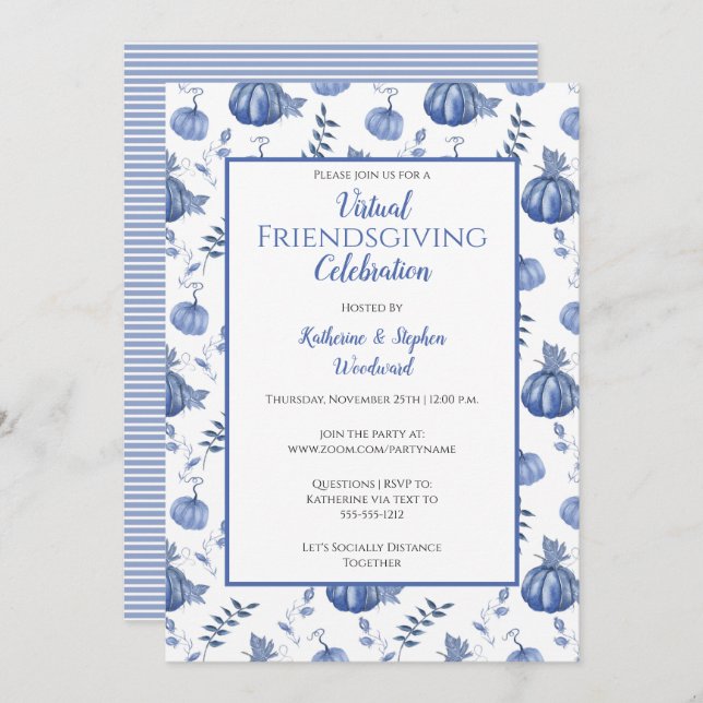 Invitation Citrouille d'aquarelle bleu Virtual Friendsgiving (Devant / Derrière)