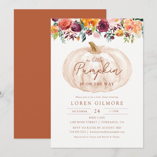 Invitation Citrouille d'automne Baby shower bébé fille (Devant / Derrière)
