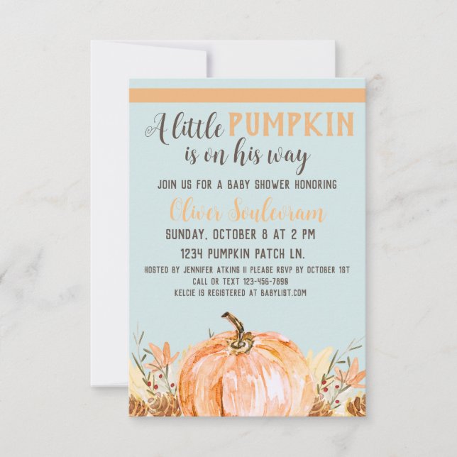 Invitation Citrouille d'automne Baby shower bleu, (Devant)