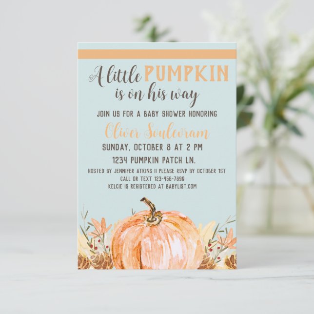 Invitation Citrouille d'automne Baby shower bleu, (Debout devant)