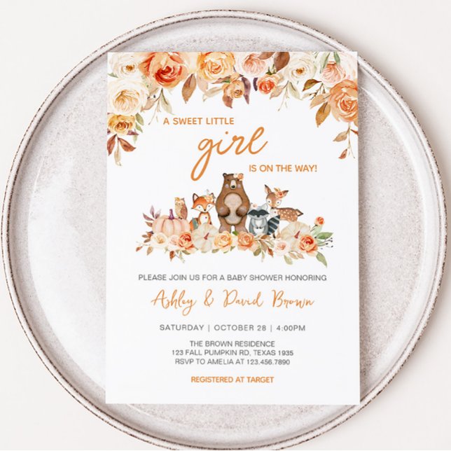 Invitation Citrouille d'automne Baby shower de bois (Floral Fall Woodland Baby Shower Invitation)