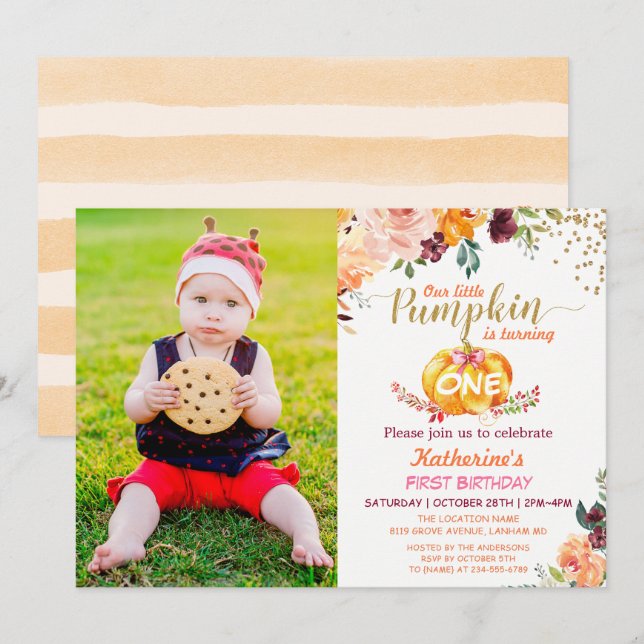Invitation Citrouille d'automne Bébé Anniversaire avec enfant (Devant / Derrière)