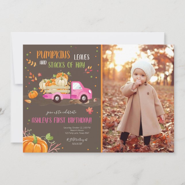Invitation Citrouille d'automne Camion rose Orange Green Girl (Devant)