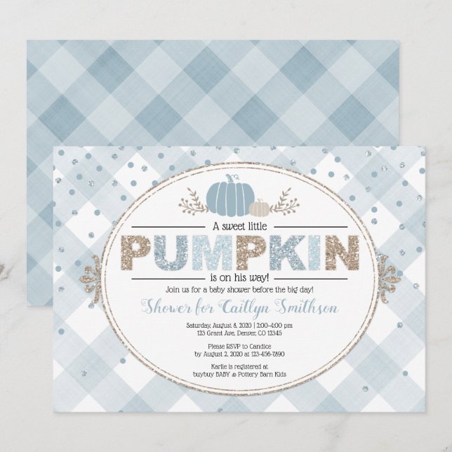 Invitation citrouille d'automne en vichy confetti baby shower (Devant / Derrière)