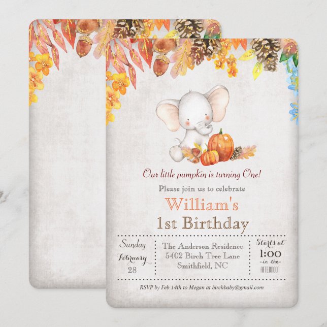 Invitation Citrouille d'automne et éléphant 1er anniversaire  (Devant / Derrière)