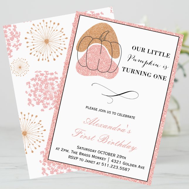 Invitation Citrouille d'automne fille rose Halloween 1er anni (Halloween-1st-Birthday-Invitation-Pink-Girl-Fall-Pumpkin-1)