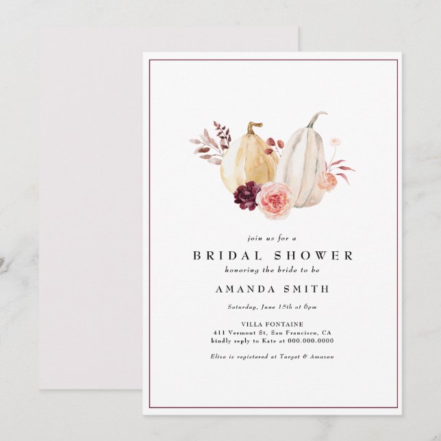 Invitation Citrouille d'automne Floral Blush Fête des mariées (Devant / Derrière)