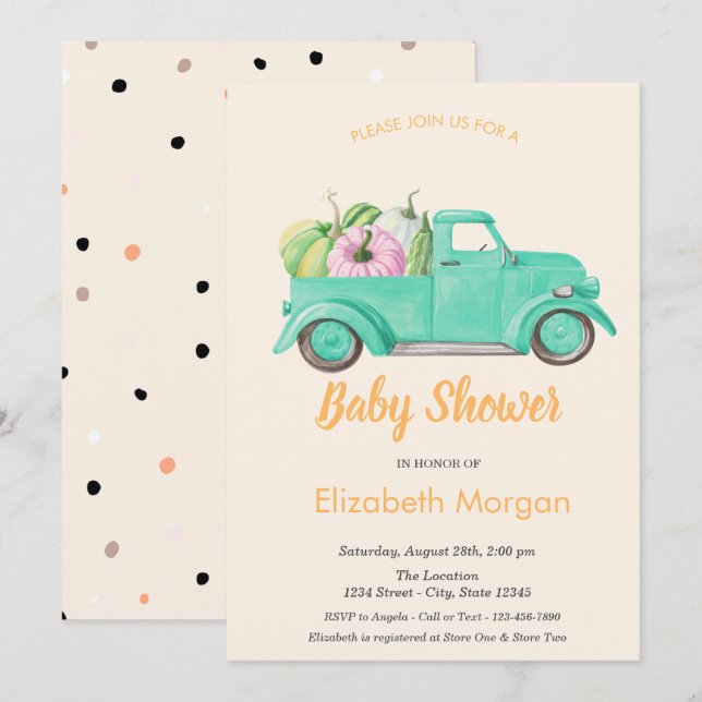 Invitation Citrouille de camion, Baby shower Pois (Devant / Derrière)
