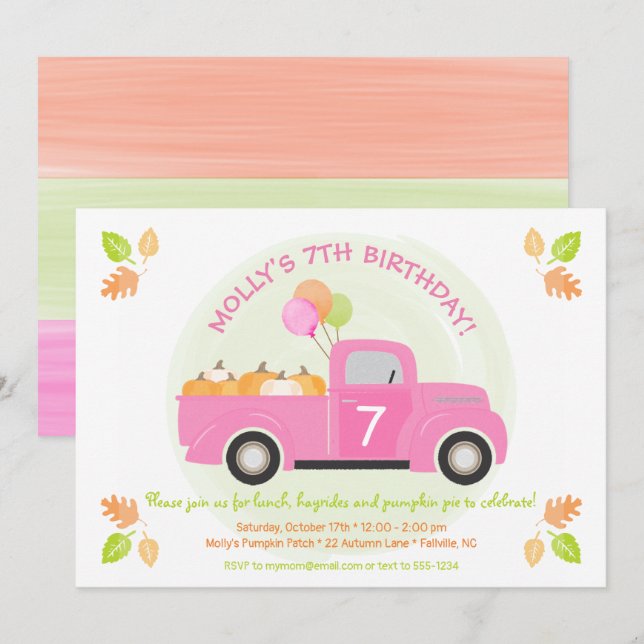 Invitation Citrouille de Camion rose Volets Chute Anniversair (Devant / Derrière)