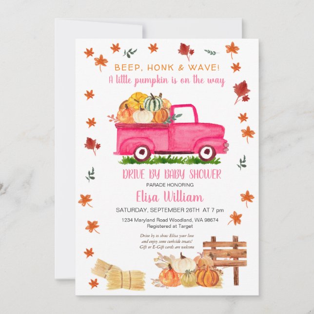Invitation Citrouille De Chute De Camion Rose Par Baby shower (Devant)