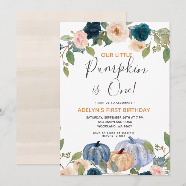 Invitation Citrouille de la Marine Aquarelle 1er Anniversaire (Devant / Derrière)