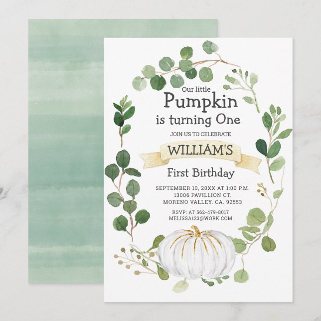 Invitation Citrouille de verdure automne garçon premier anniv (Devant / Derrière)