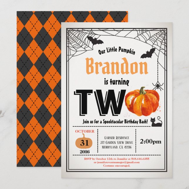 Invitation Citrouille d'Halloween 2ème fête de deuxième anniv (Devant / Derrière)
