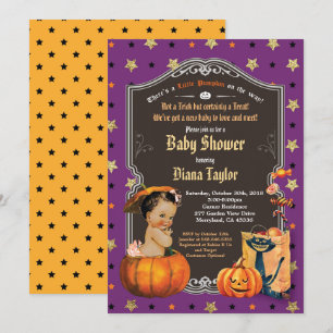Invitation Citrouille d'Halloween bébé fille douche or violet
