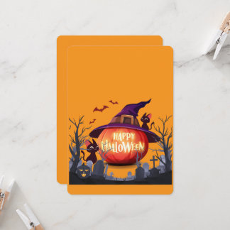 Invitation Citrouille d'Halloween, Chats & Chapeau de Sorcièr