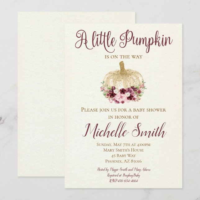 Invitation Citrouille d'or de Bourgogne Boho Baby shower Invi (Devant / Derrière)
