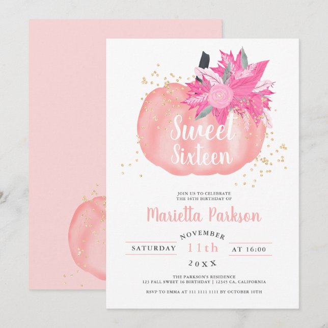 Invitation citrouille doré rose florale automne Sweet 16 (Devant / Derrière)