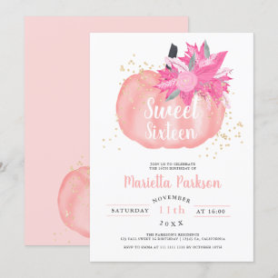 Invitation citrouille doré rose florale automne Sweet 16