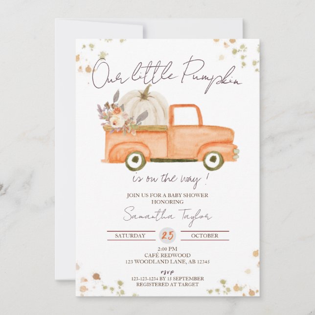 Invitation Citrouille Douche, Camion Orange, Baby shower Auto (Devant)
