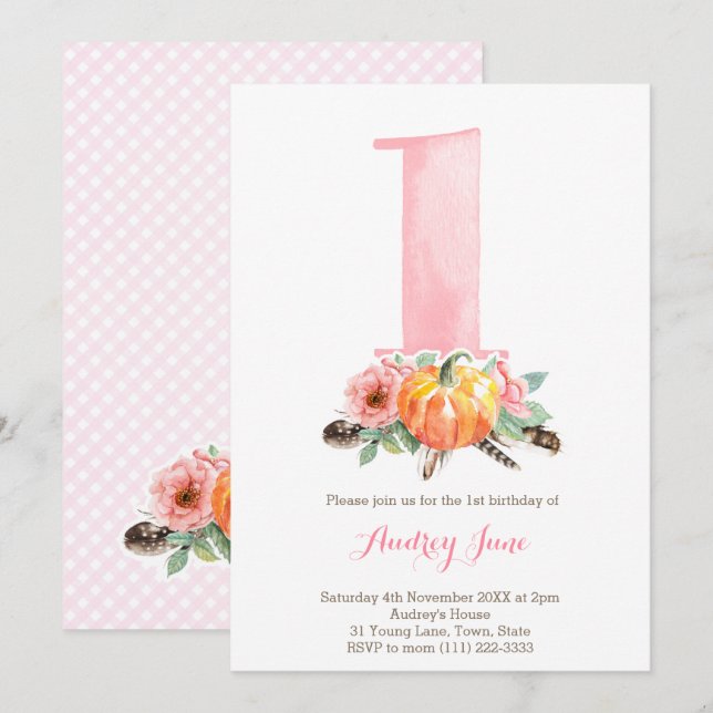 Invitation Citrouille Dusky Rose Roses 1er fête d'anniversair (Devant / Derrière)