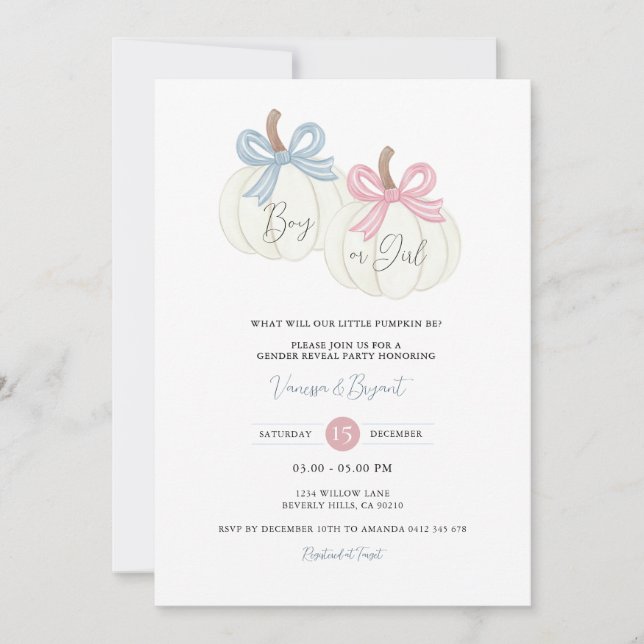 Invitation Citrouille Dusty Pink Blue Ribbon Révélation de ge (Devant)