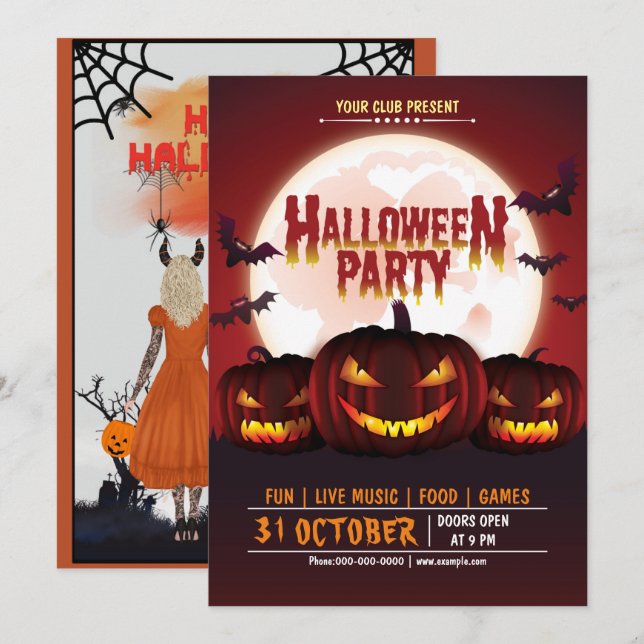 Invitation Citrouille effrayant Jack-o'-lantern Halloween Par (Devant / Derrière)
