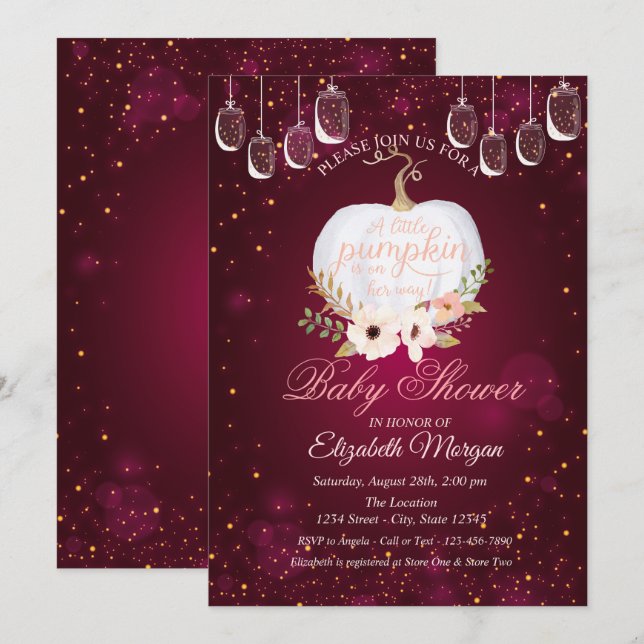 Invitation Citrouille élégant, Lumières, Baby shower Bourgogn (Devant / Derrière)