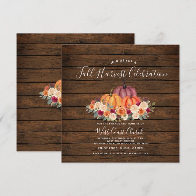 Invitation Citrouille en bois Fête de la récolte d'automne Co (Devant / Derrière)