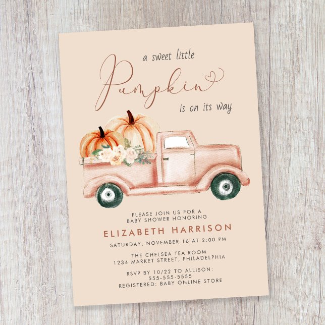 Invitation Citrouille en terre cuite Baby shower de camion Vi (Celebrate the upcoming arrival of your sweet little autumn baby with a pumpkin-themed baby shower)