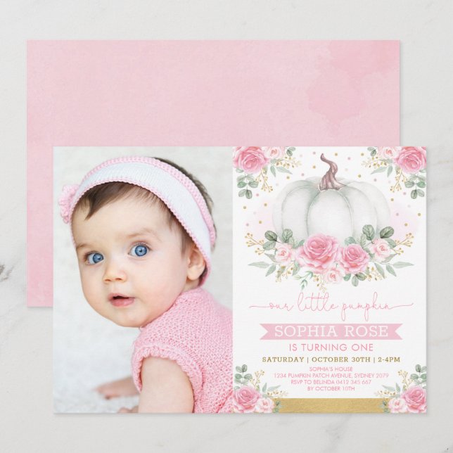 Invitation Citrouille et florale rose 1er anniversaire Photo (Devant / Derrière)