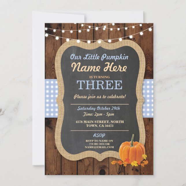 Invitation Citrouille Fall Birthday Party Boy Age Blue Invita (Devant)