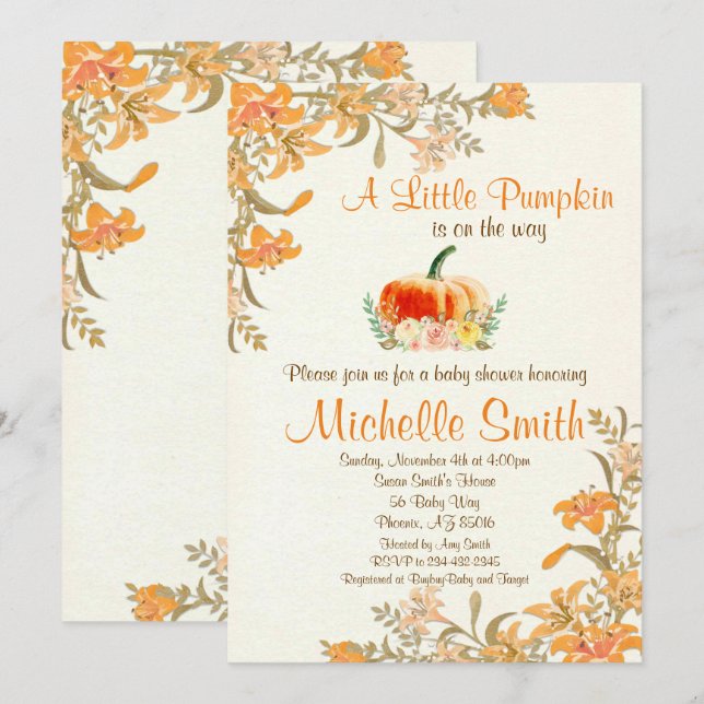 Invitation Citrouille Fall Floral Rustic Baby shower invitati (Devant / Derrière)
