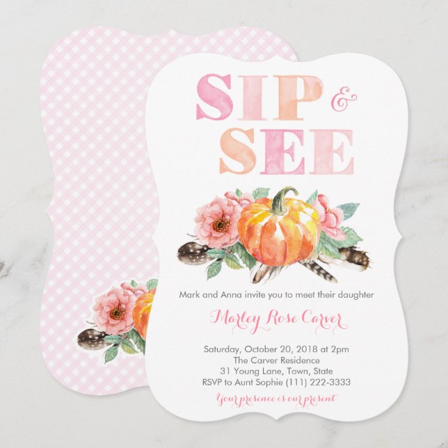 Invitation Citrouille Fall Sip et voir New Baby Party (Devant / Derrière)