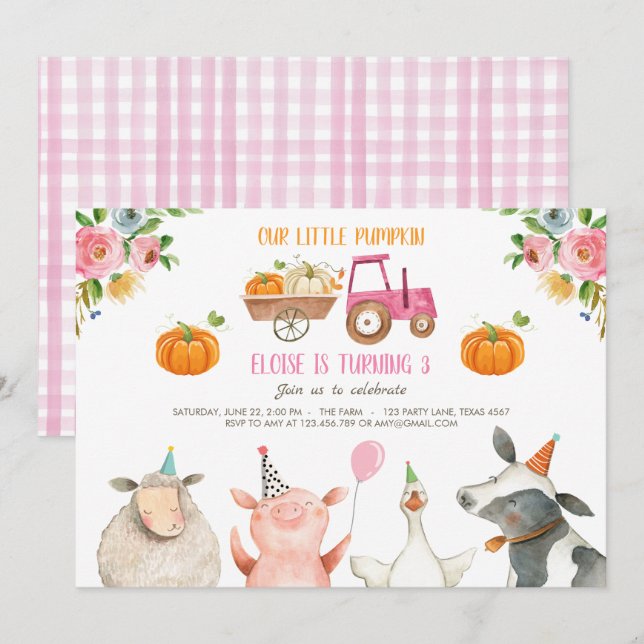 Invitation Citrouille Farm Barnyard Fall Girl Party Anniversa (Devant / Derrière)