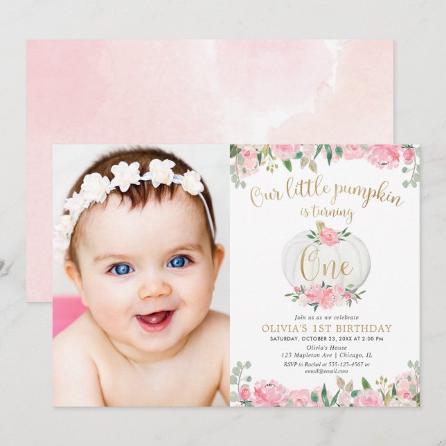 Invitation Citrouille fille rose or floral 1er anniversaire p (Devant / Derrière)