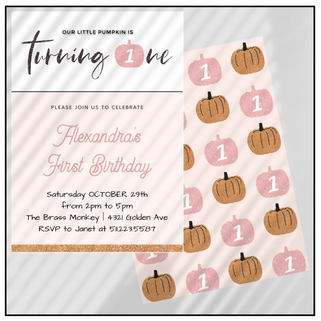 Invitation Citrouille fille rose Parties scintillant Hallowee (Halloween-1st-birthday-Invitation-Pumpkin-Girl-Pink-gold-Glitter-1)