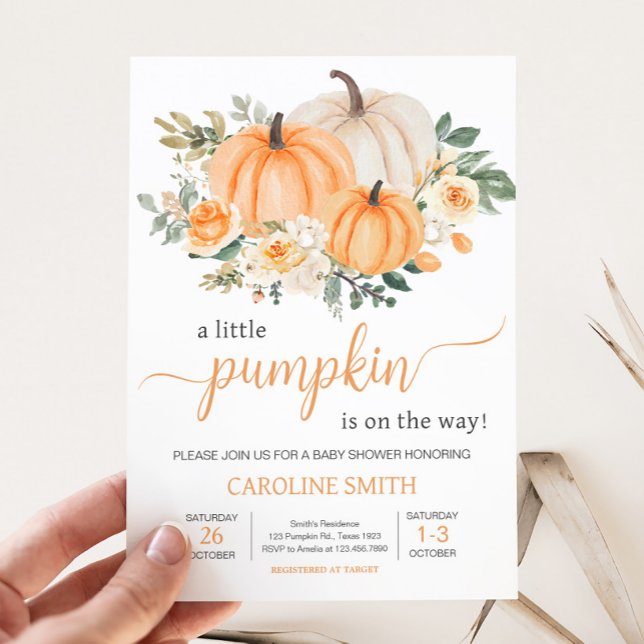 Invitation Citrouille Fleurie de l'Automne Orange (Fall Pumpkin Baby Shower Invitation )